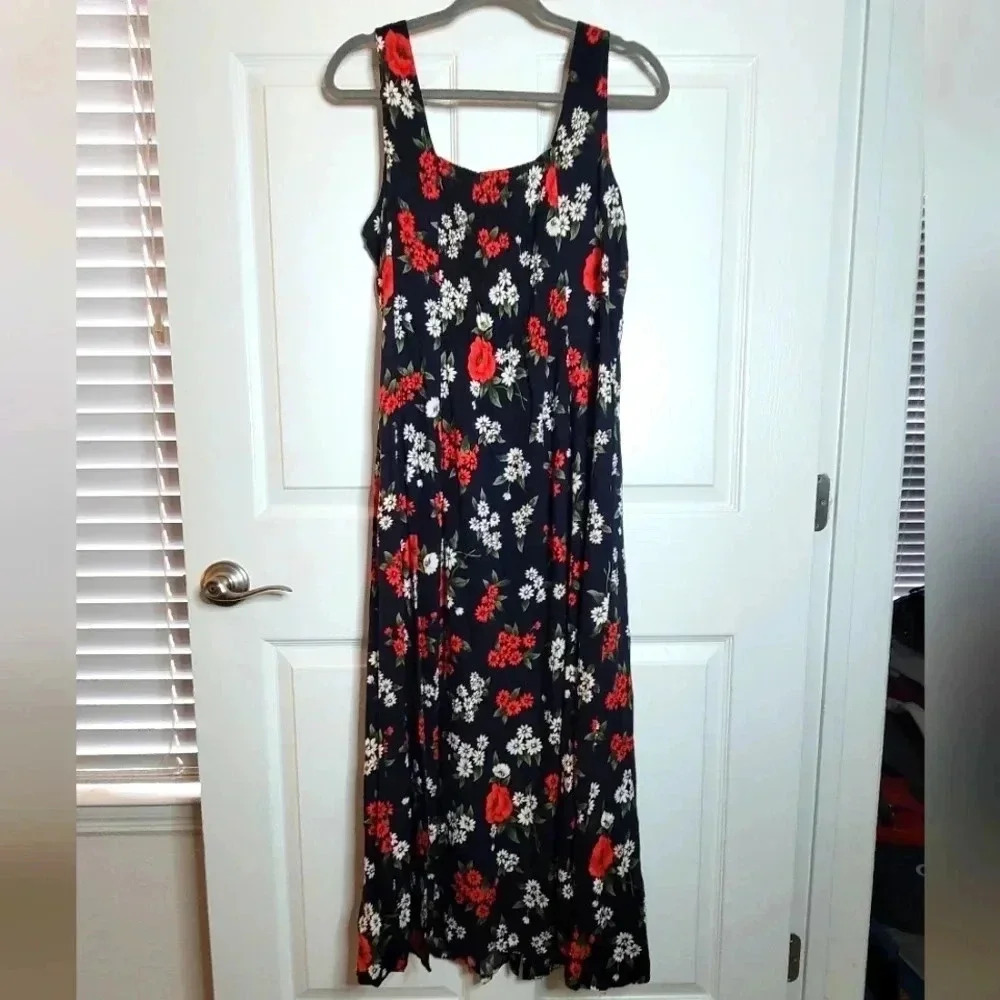 Gayla Bentley Floral Sleeveless Maxi Smock Dress Navy Red White - Picture 6 of 9